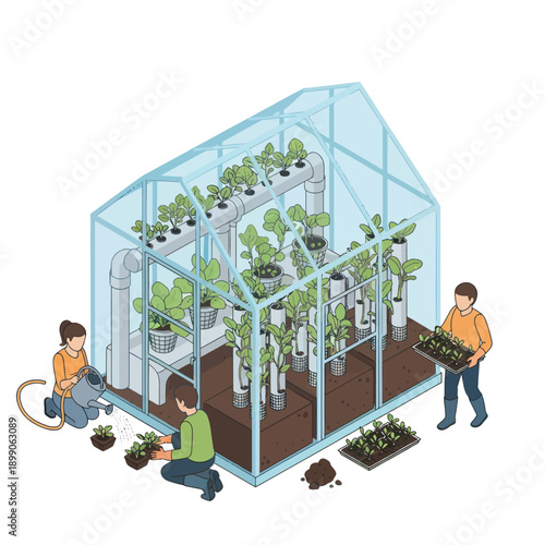 Greenhouse with Plants and People Working.