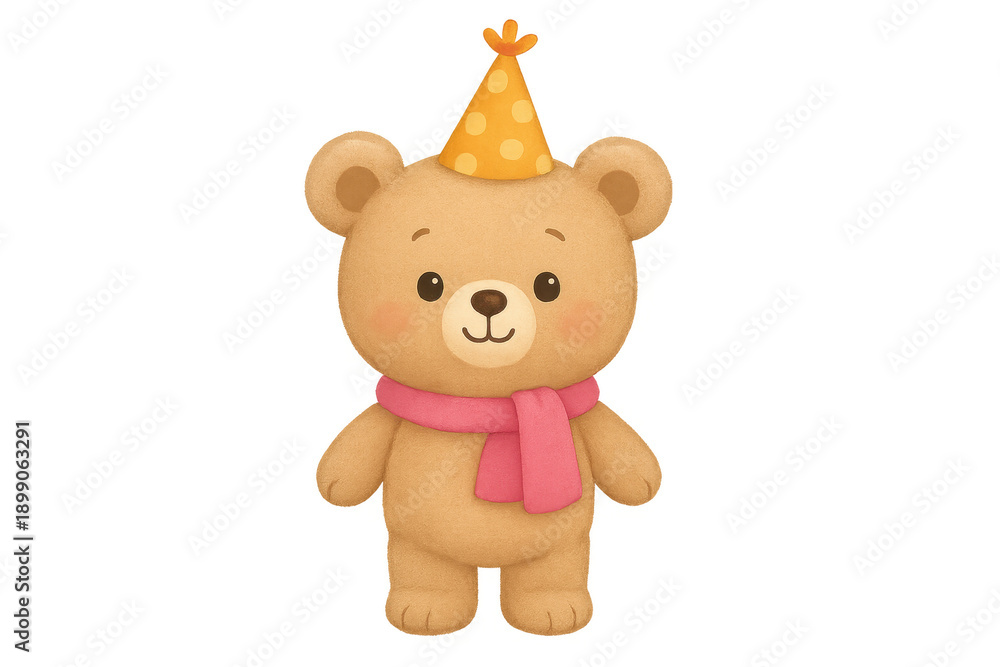 Fototapeta premium Cute cartoon teddy bear wearing party hat and scarf