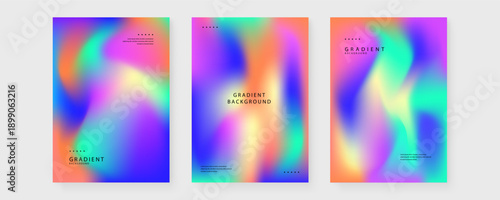 Set of three vertical posters featuring vibrant fluid holographic gradients and minimalist typography for contemporary graphic design projects