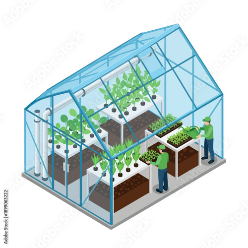 Greenhouse with Plants and Workers Inside.