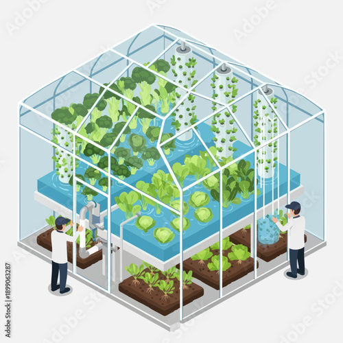 People Working in Modern Greenhouse Facility.