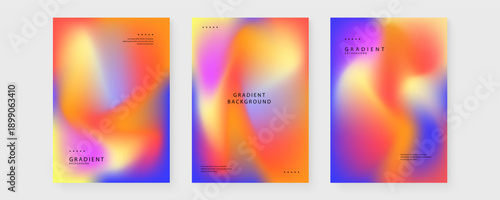Three minimalist poster templates featuring warm orange pink and blue fluid gradients for seasonal advertising