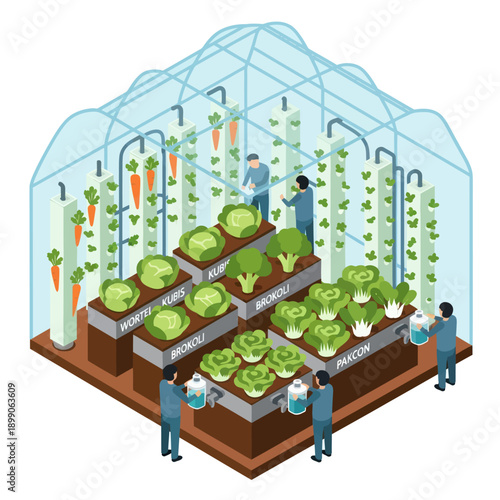 Vertical Farm Greenhouse with People Working.