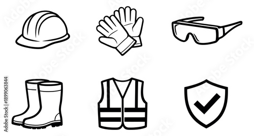 Hand drawn line art safety equipment set featuring a hard hat, gloves, safety glasses, boots, a reflective vest, and a shield icon for workplace protection