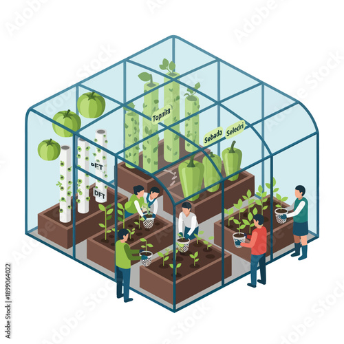 Greenhouse with People and Plants Inside.
