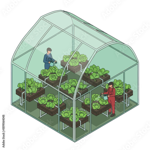 Greenhouse with People Tending to Plants.