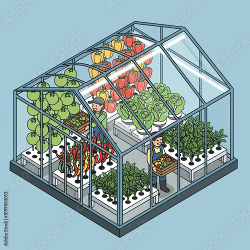 Isometric Greenhouse with Various Plants and Gardener.