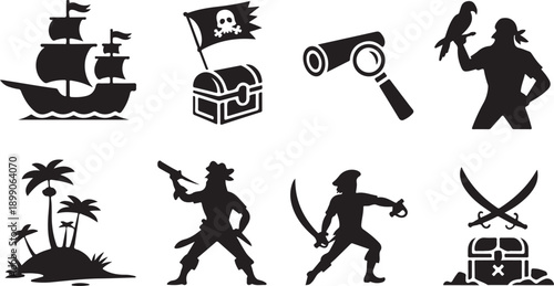 Pirate Icons Collection: Ship, Treasure Chest, Telescope, Parrot, Island, Swords Isolated on white background