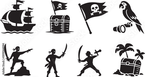 Pirate Icons Collection: Ship, Chest, Parrot, Sword Fighting Figures Isolated on white background