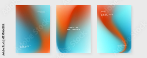 Collection of three abstract fluid gradient posters featuring a seamless blend of soft blue and fiery orange tones for modern graphic design
