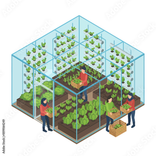 Indoor Vertical Farm with Workers Tending Plants.
