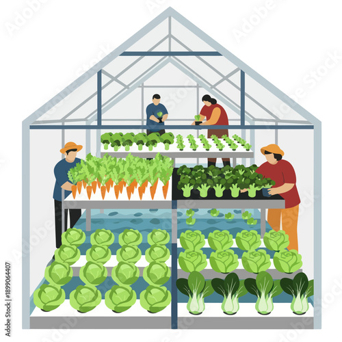 Greenhouse Farming with Workers and Crops.