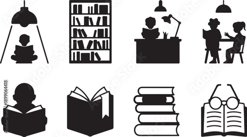 Reading and Education Silhouettes: Books, Library, Students Studying Isolated on white background