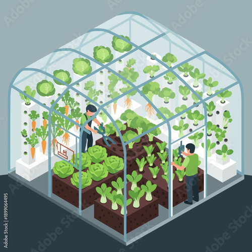 People Working Inside Modern Greenhouse with Plants.