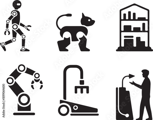 Robot Dog, Industrial Arm, 3D Printer, Warehouse, and Human Interaction Icons Isolated on white background