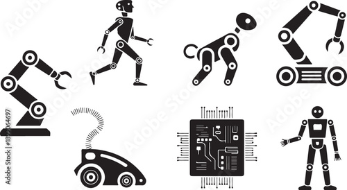 Robotics and Automation Icons: Humanoid, Dog, Arm, Chip, Isolated on white background