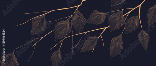 Art background with golden leaves on a branch in a hand-drawn line style. A botanical banner for decor, prints, textiles, posters, wallpaper, and packaging.