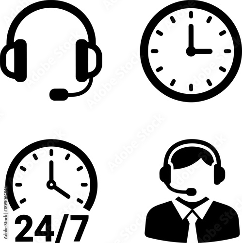 Symbols representing customer support services and availability around the clock illustration