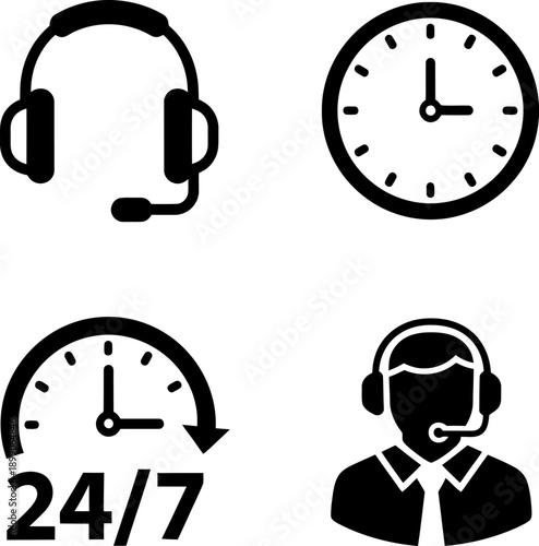 Icons representing customer support services and availability around the clock illustration