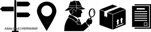 Mysterious detective exploring a hidden location with documents and clues illustration