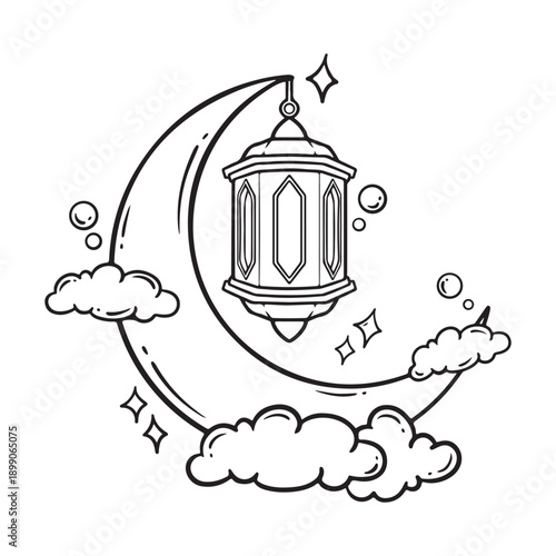 illustration art hand drawn line art moon with latern for ramadhan icon sticker design