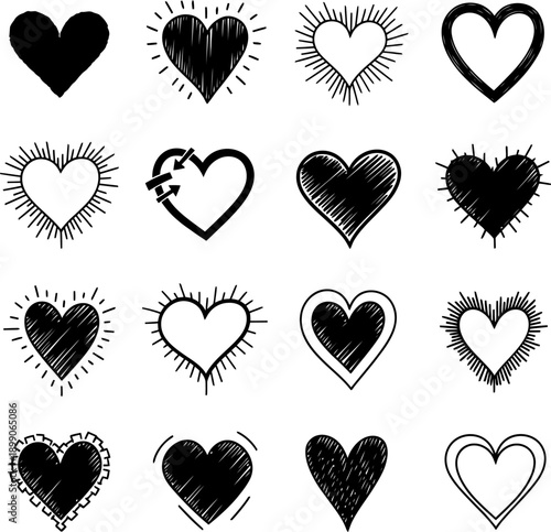 Collection of diverse hand-drawn heart designs in black and white sketch style illustration