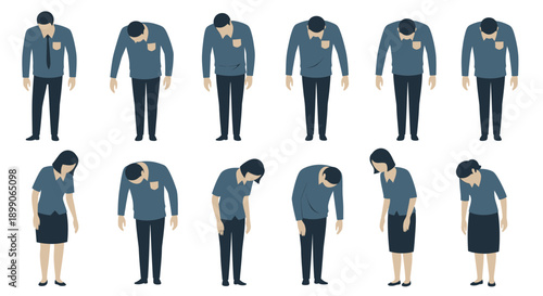 A row of diverse cartoon people, both men and women, bowing deeply with their heads down, illustrating gestures of apology, respect, or fatigue in a flat illustration style.