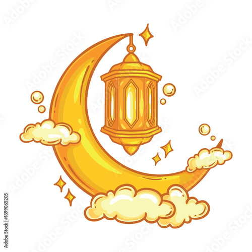 illustration art hand drawn moon with latern for ramadhan icon sticker design