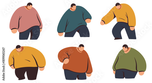 A collection of six stylized illustrations of overweight men in casual clothing, each depicted with a different posture and color palette.