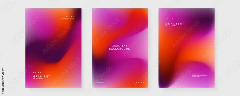 Fototapeta premium Collection of three abstract mesh gradient posters with fluid liquid shapes in vibrant purple orange and dark red tones