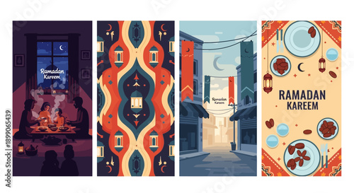 Four vibrant illustrations depicting various aspects of Ramadan celebrations, including family gatherings, traditional patterns, street scenes, and festive food settings.