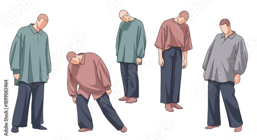 Illustration of five men demonstrating various postures of bending and leaning to the side, possibly indicating a physical condition or exercise.