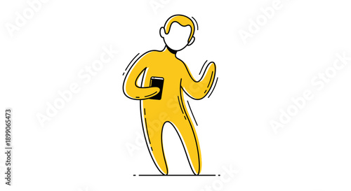 Stylized yellow person doodle holding a smartphone, depicting mobile technology use and digital communication.