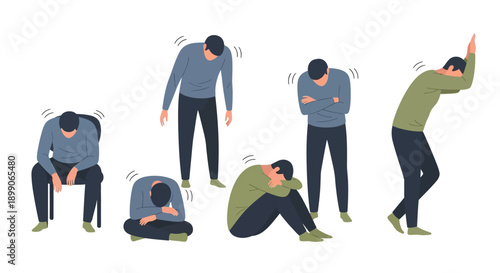 Illustrations depicting a person experiencing various stages of distress, anxiety, and emotional turmoil through body language and posture.