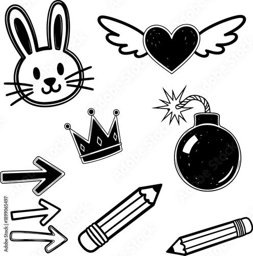 Whimsical collection of playful icons featuring a rabbit, crown, heart, bomb, and pencils illustration
