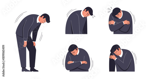 A collection of illustrations depicting a man experiencing various symptoms of illness, weakness, pain, and dizziness, showing discomfort and fatigue.