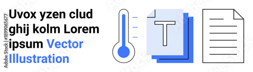 Data management, document editing, creative writing, information processing, digital communication, formatting tools. Thermometer, text symbol and documents. Data management and document editing