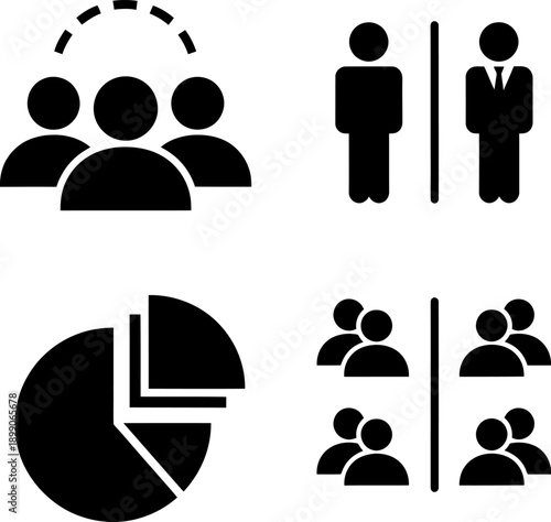 Icons representing gender, group dynamics, and statistical distribution in a minimalist style illustration