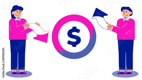 Two business people exchanging currency and goods symbolized by arrows around a large dollar coin