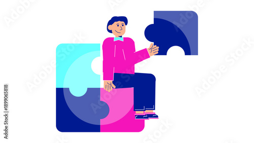 A person sitting on a giant puzzle board while holding a missing piece to complete the business solution