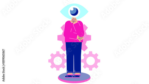 A man with a giant eye for a head standing in front of gears symbolizing clear business vision