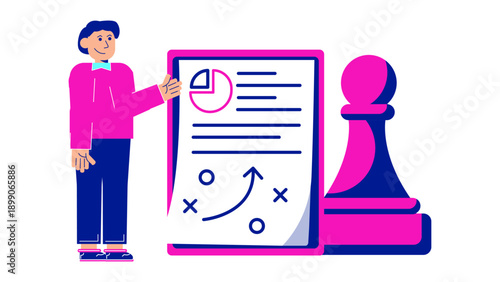 A person presenting a strategic document with charts next to a large chess pawn piece