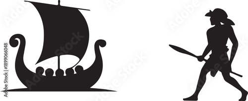 Viking Ship Silhouette with Warrior Holding Spear, Historical Nautical Theme Isolated on white background