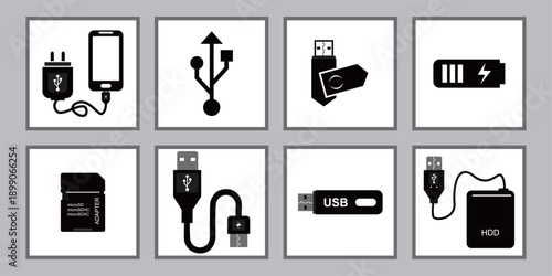 port usb icon set. memory card. computer connectors. adapter. cable. hardware. hardisk esternal. phone