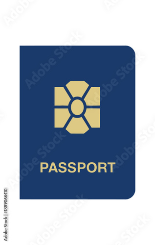 A navy blue passport with a gold logo and the word passport written in gold letters.