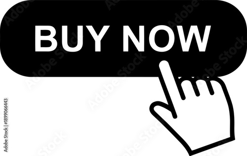 A hand clicking on a buy now button for online shopping or promotional purposes. illustration