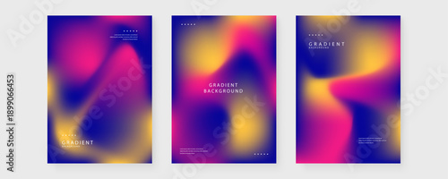 Premium collection of three abstract posters with deep blue magenta and yellow neon mesh gradients for futuristic designs