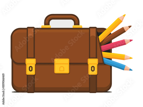 A brown leather briefcase with colorful pencils sticking out of it on a white background
