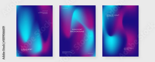 Trio of premium posters featuring mysterious dark purple and neon cyan mesh gradients creating a glowing futuristic atmosphere
