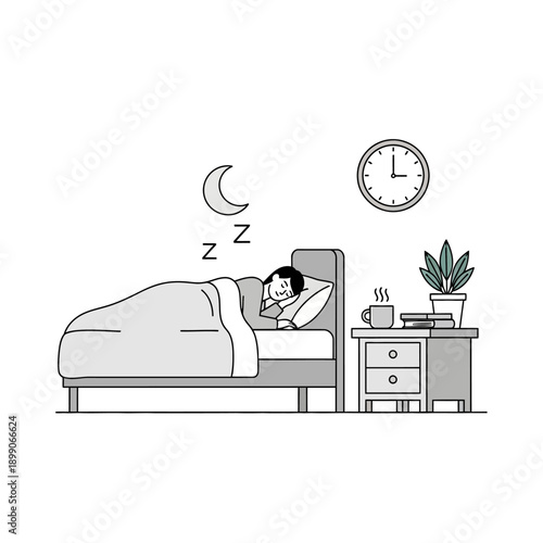 Person sleeping peacefully in bed at night.